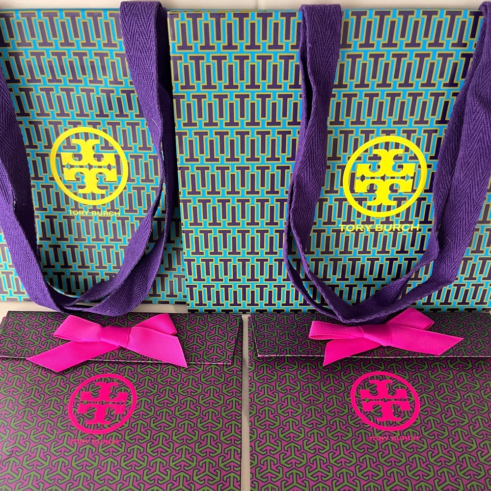 Tory Burch set 4 Multicolor Tote with Purple and Pink bow Accents gift bags!
